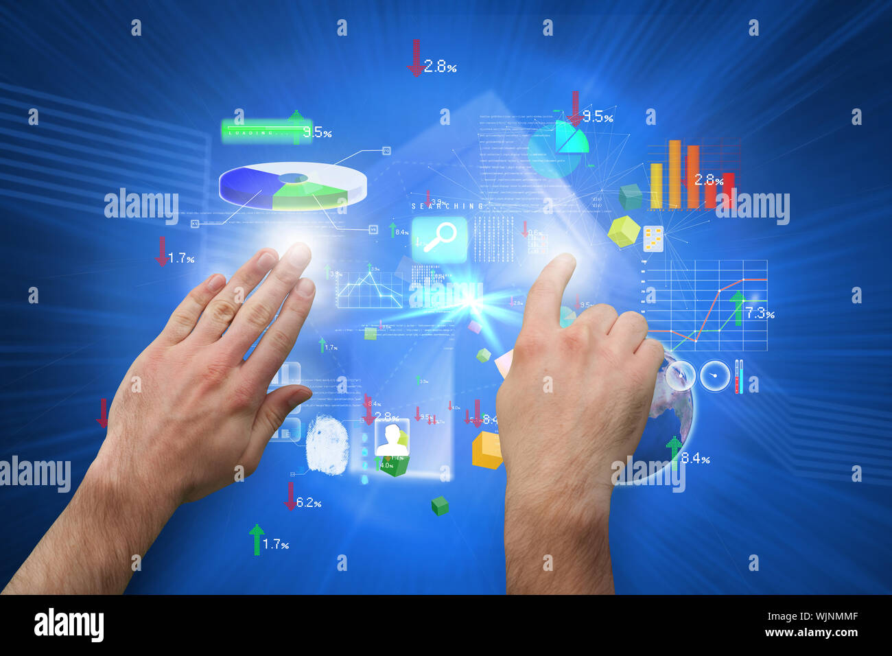 Hands pointing and presenting against shiny house on blue background Stock Photo
