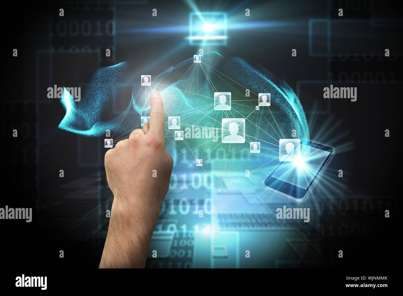 Hand pointing against shiny futuristic technological background Stock Photo