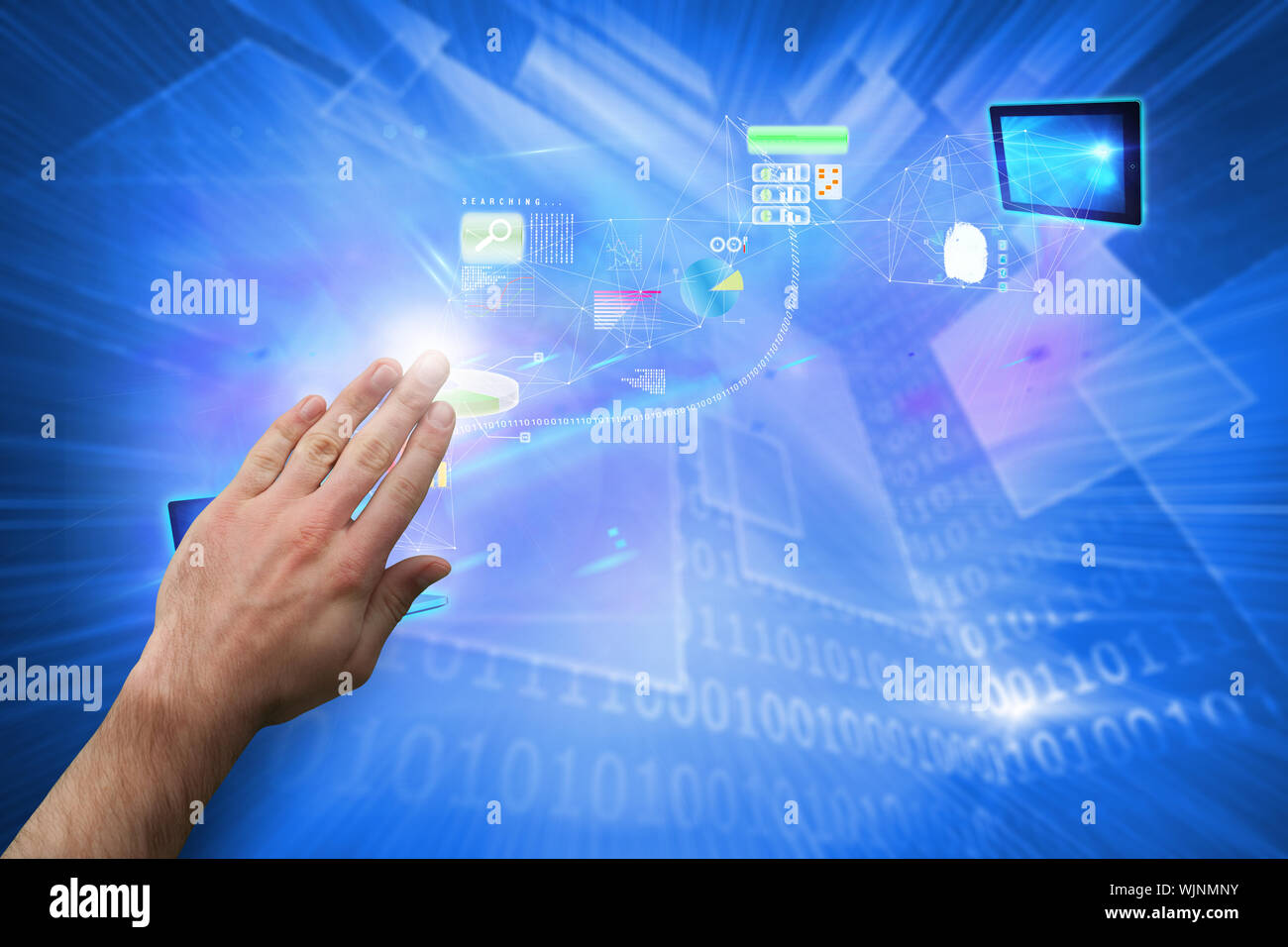 Hand presenting against shiny technological background Stock Photo