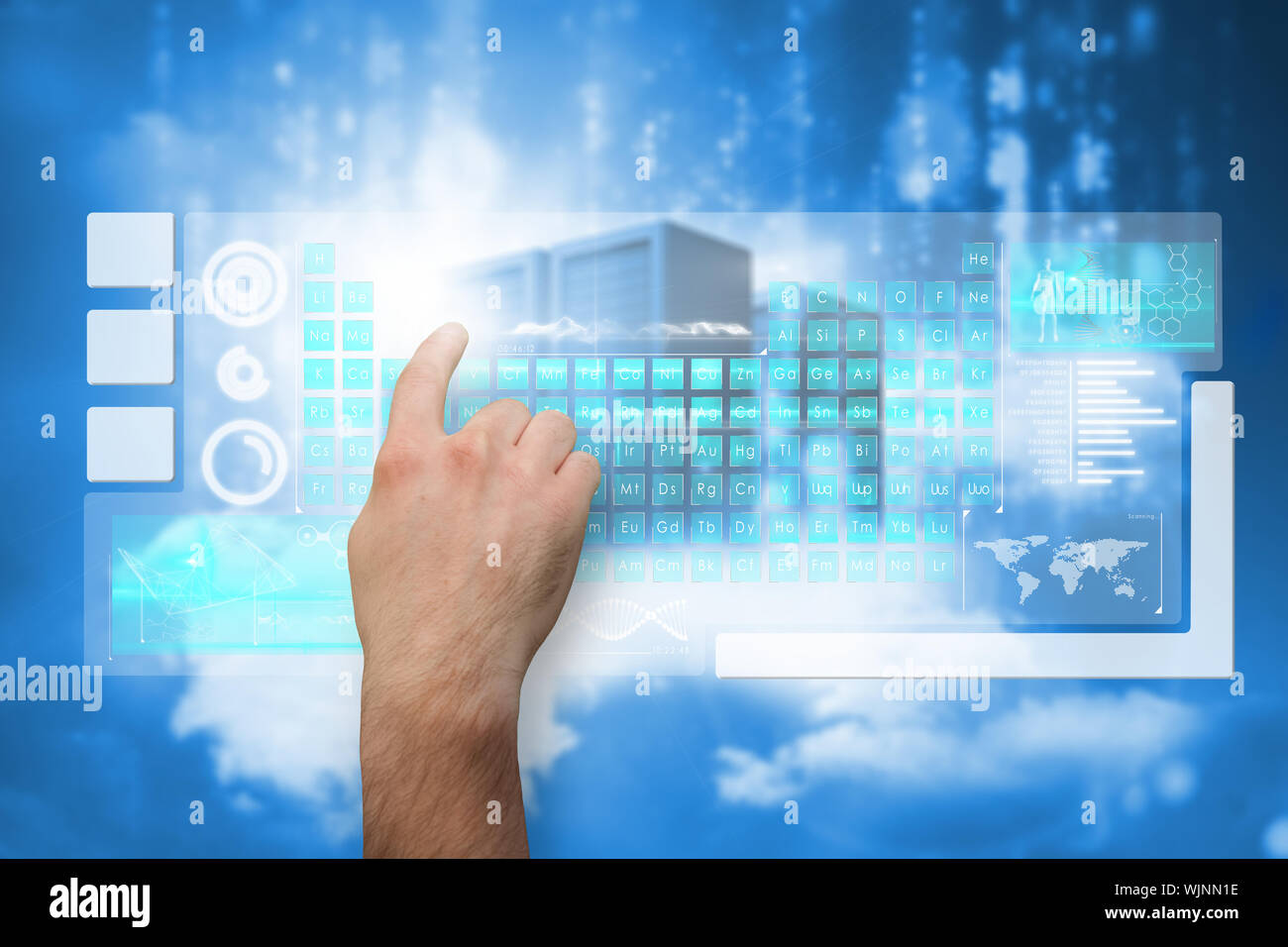 Hand pointing against cityscape on cloud Stock Photo