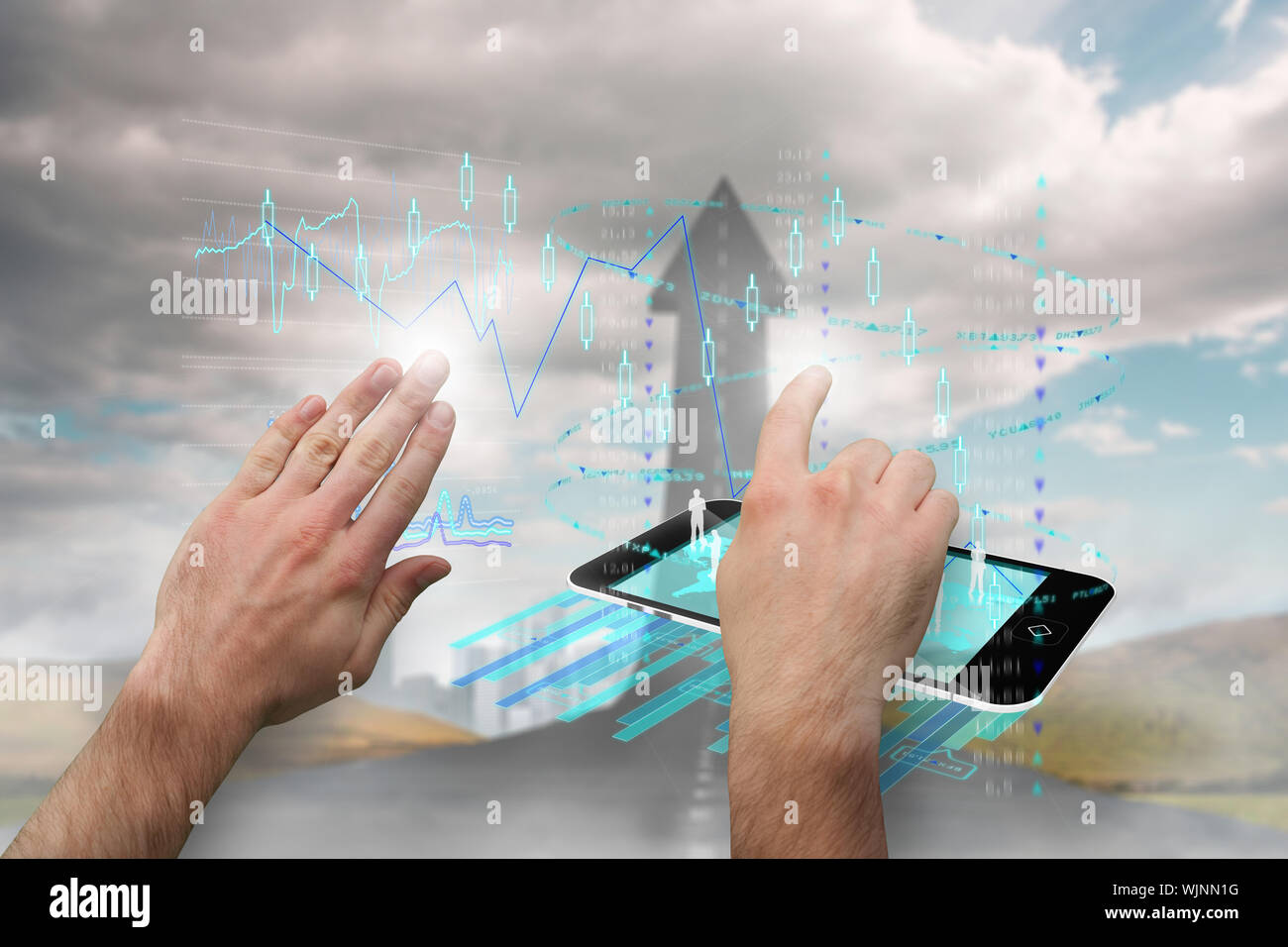 Hands pointing and presenting against road turning into arrow Stock Photo