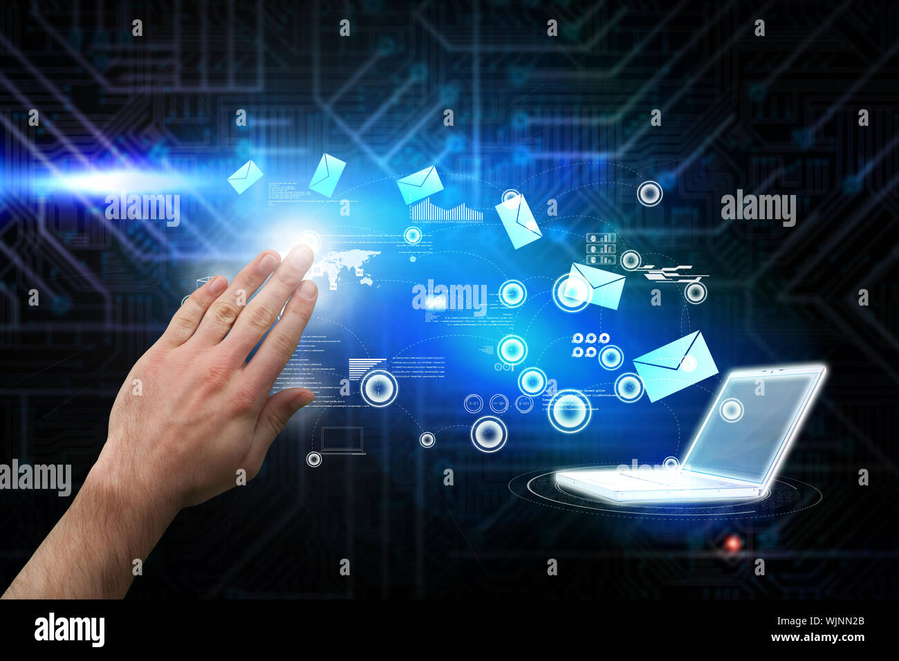 Hand presenting against futuristic black and blue background Stock ...