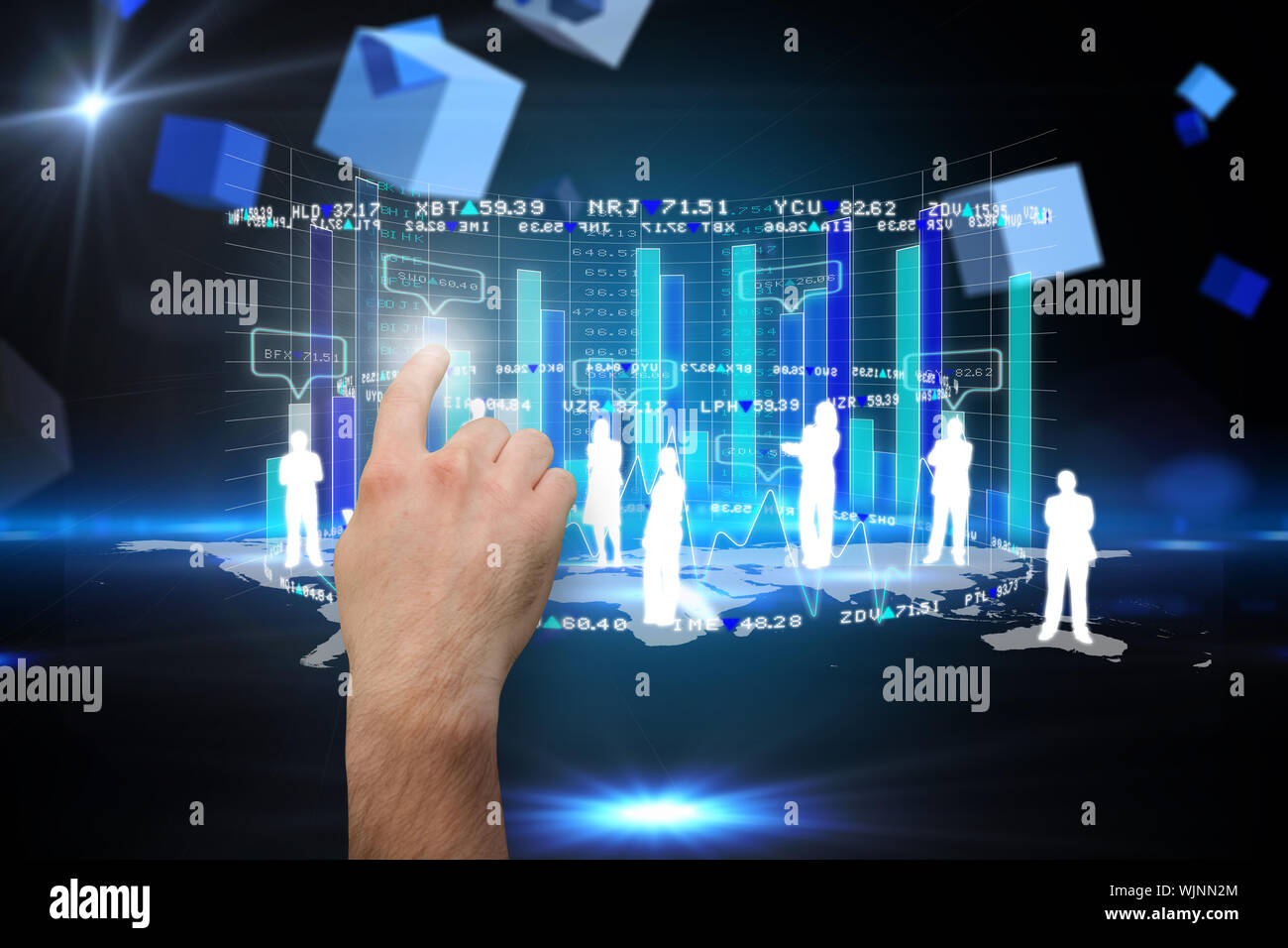 Hand pointing against boxes on technical background Stock Photo