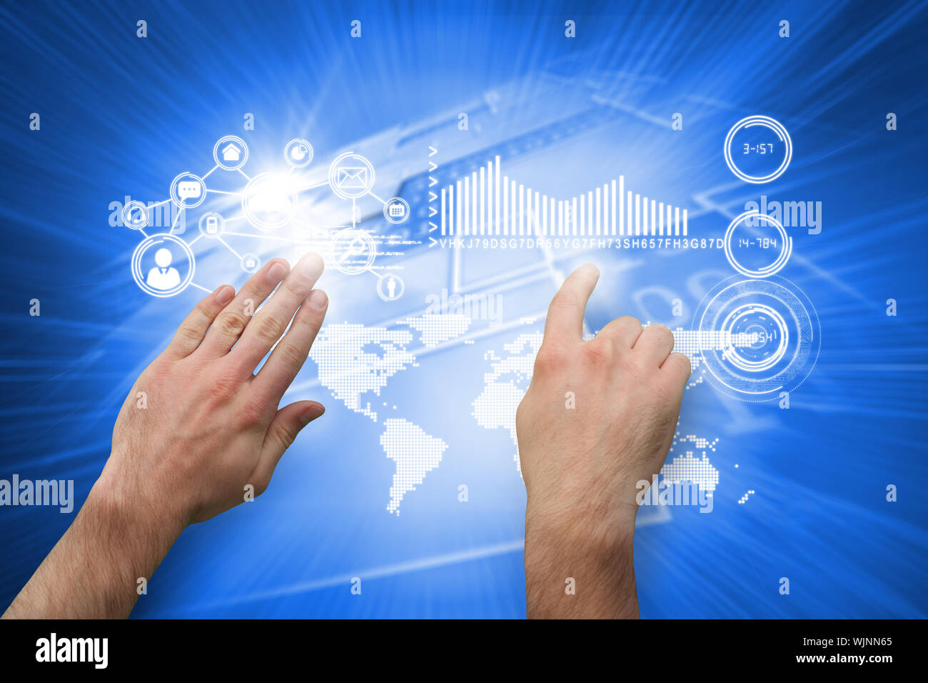 Hands pointing and presenting against shiny background with squares Stock Photo