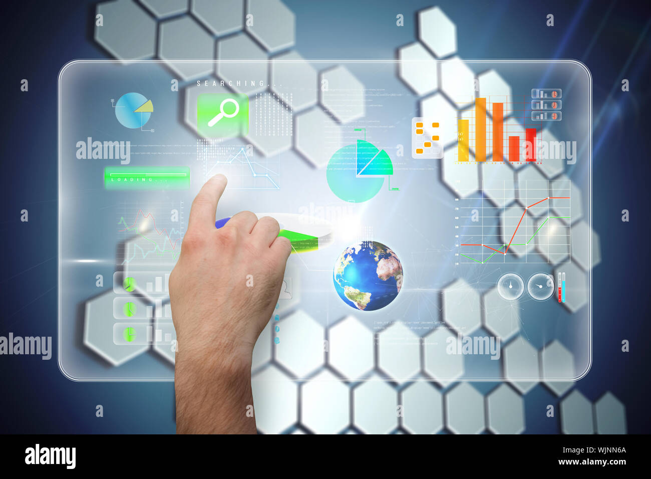 Hand pointing against technological background with hexagons Stock Photo