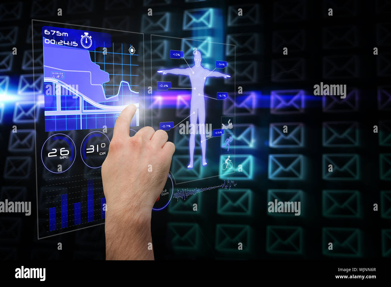 Hand pointing against glowing envelopes on black background Stock Photo