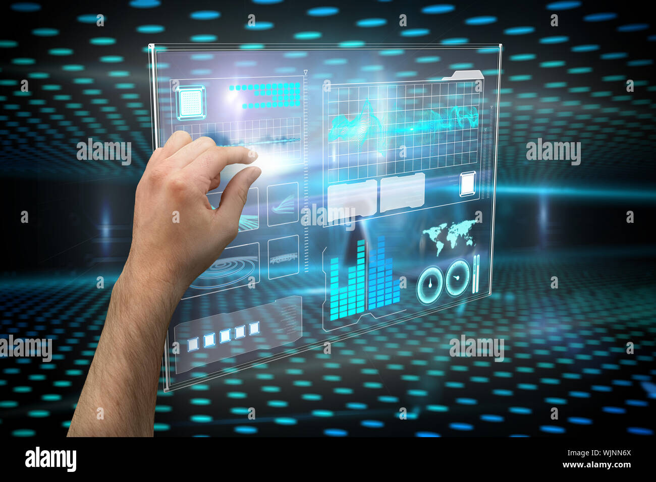 Hand presenting against keyhole on technological glowing background Stock Photo