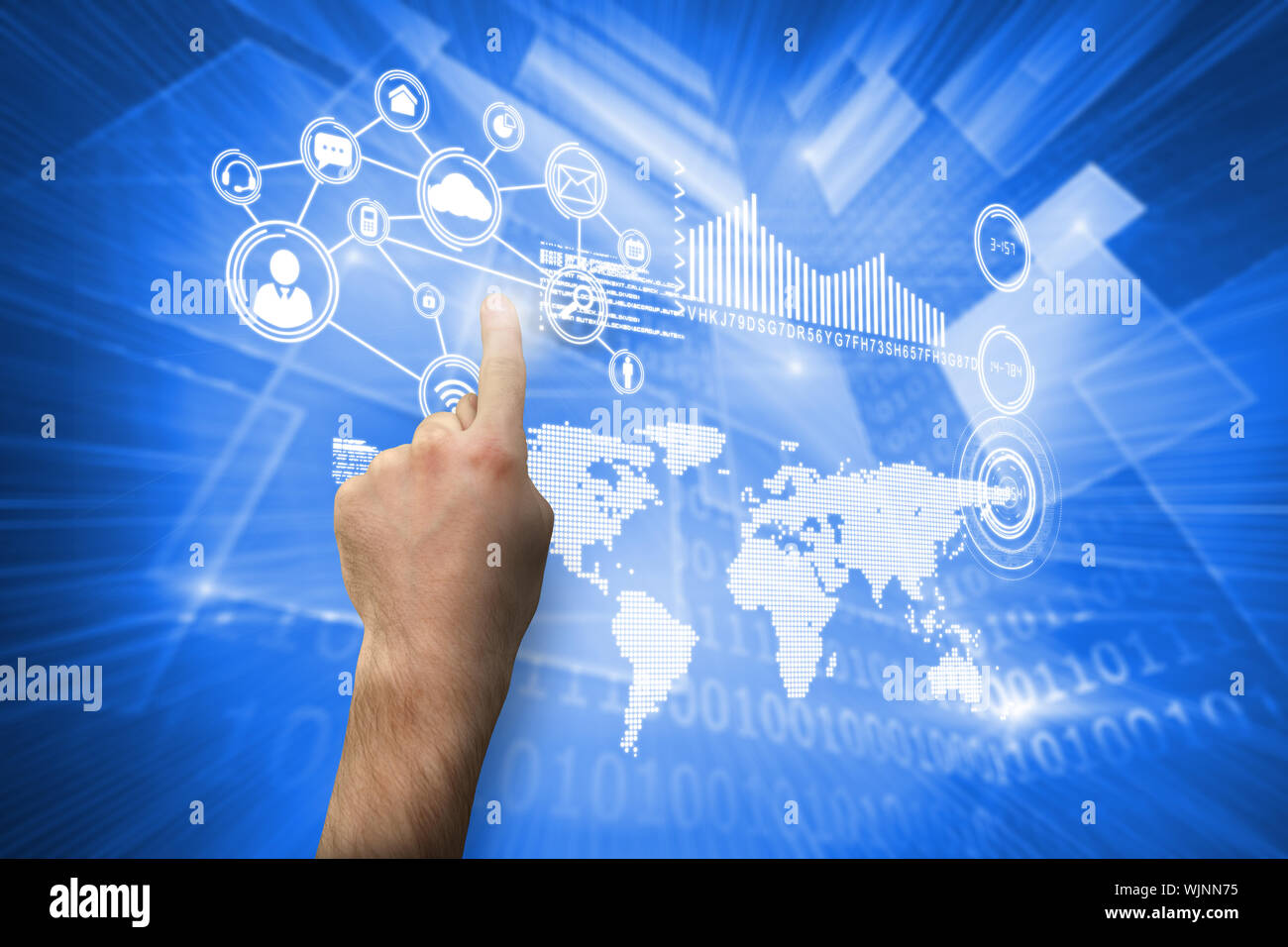 Hand pointing against shiny technological background Stock Photo