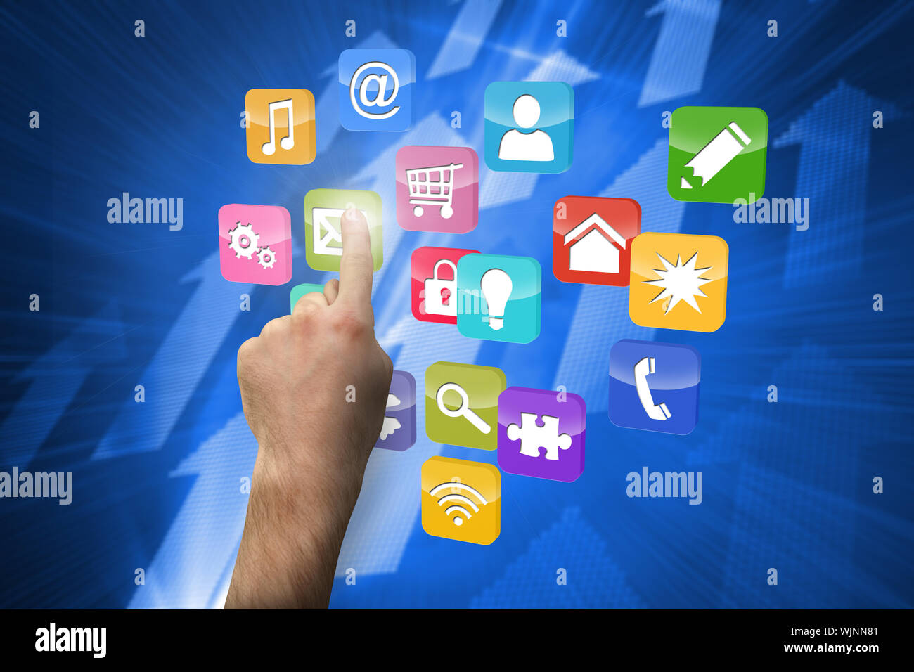 Hand pointing against futuristic shiny arrow pointing upwards Stock Photo
