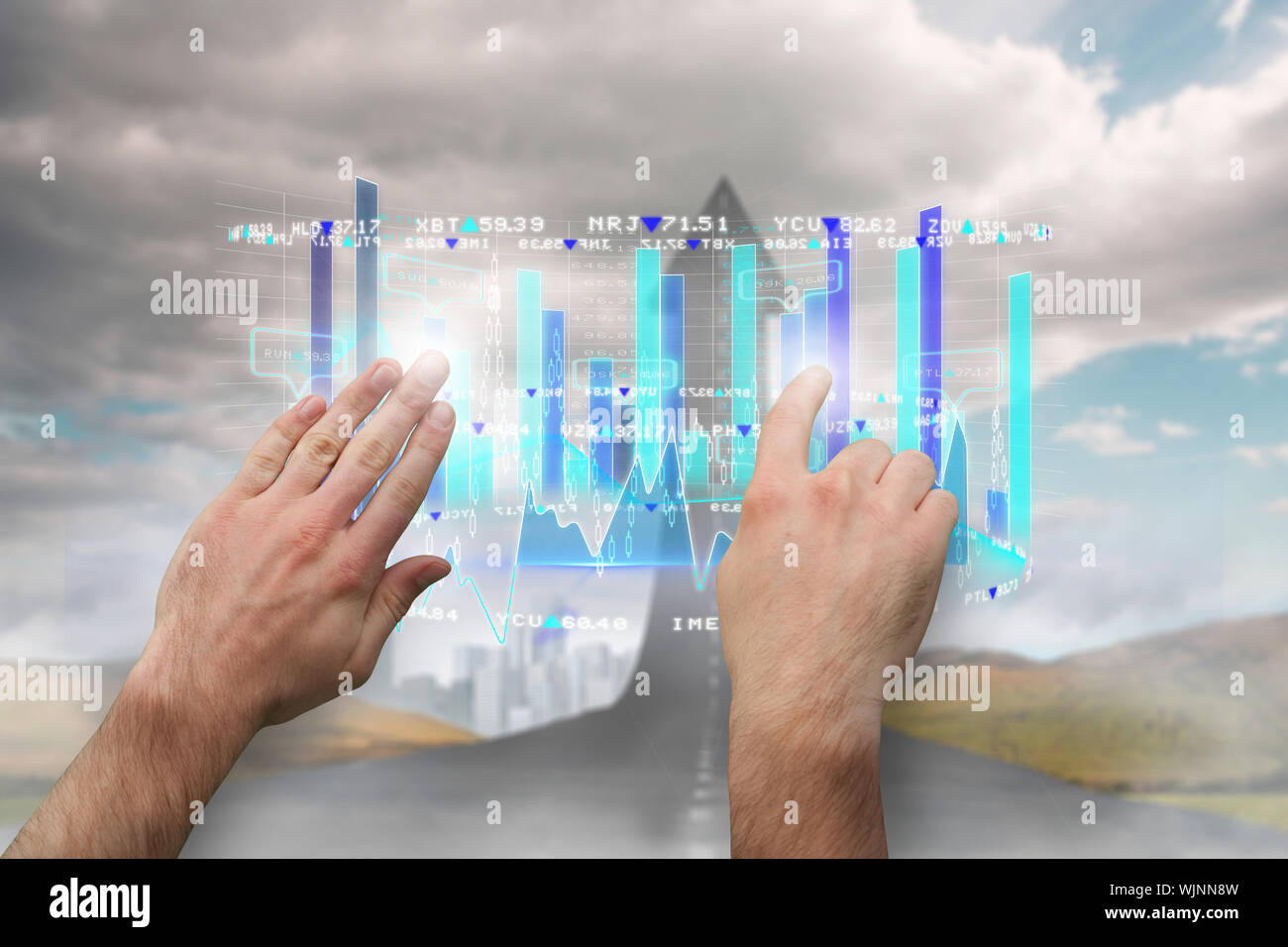Hands pointing and presenting against road turning into arrow Stock Photo
