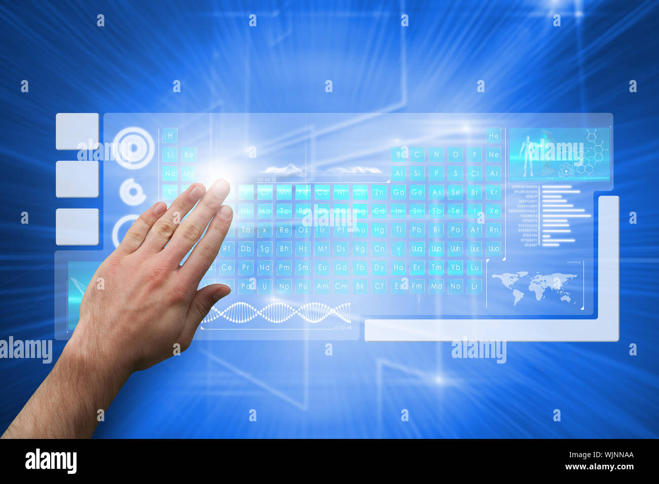 Hand presenting against glowing background with squares Stock Photo