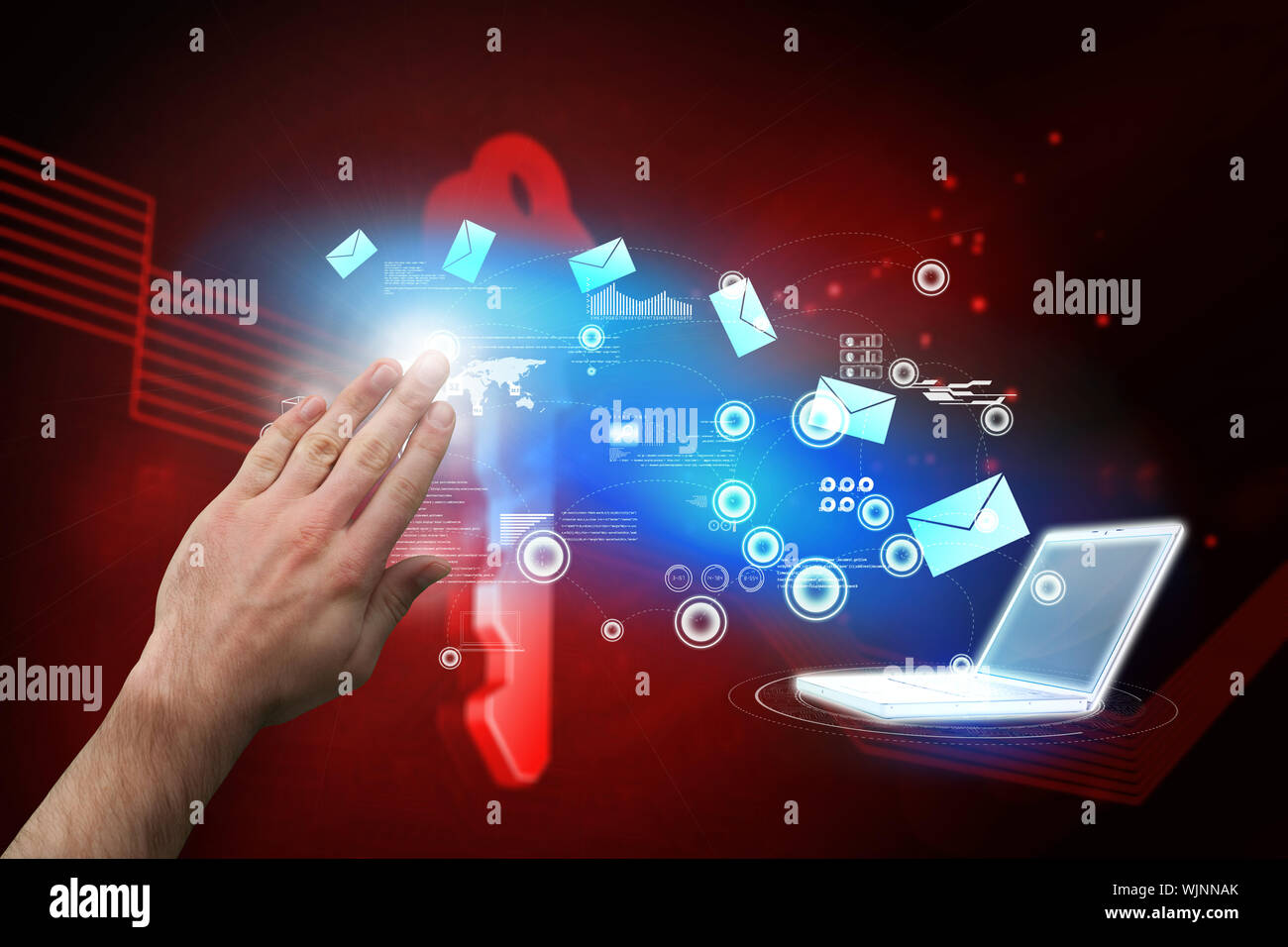 Hand presenting against shiny red key on black background Stock Photo