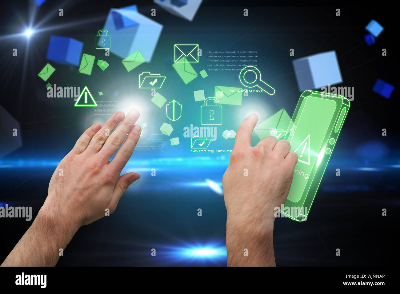 Hands pointing and presenting against boxes on technical background Stock Photo