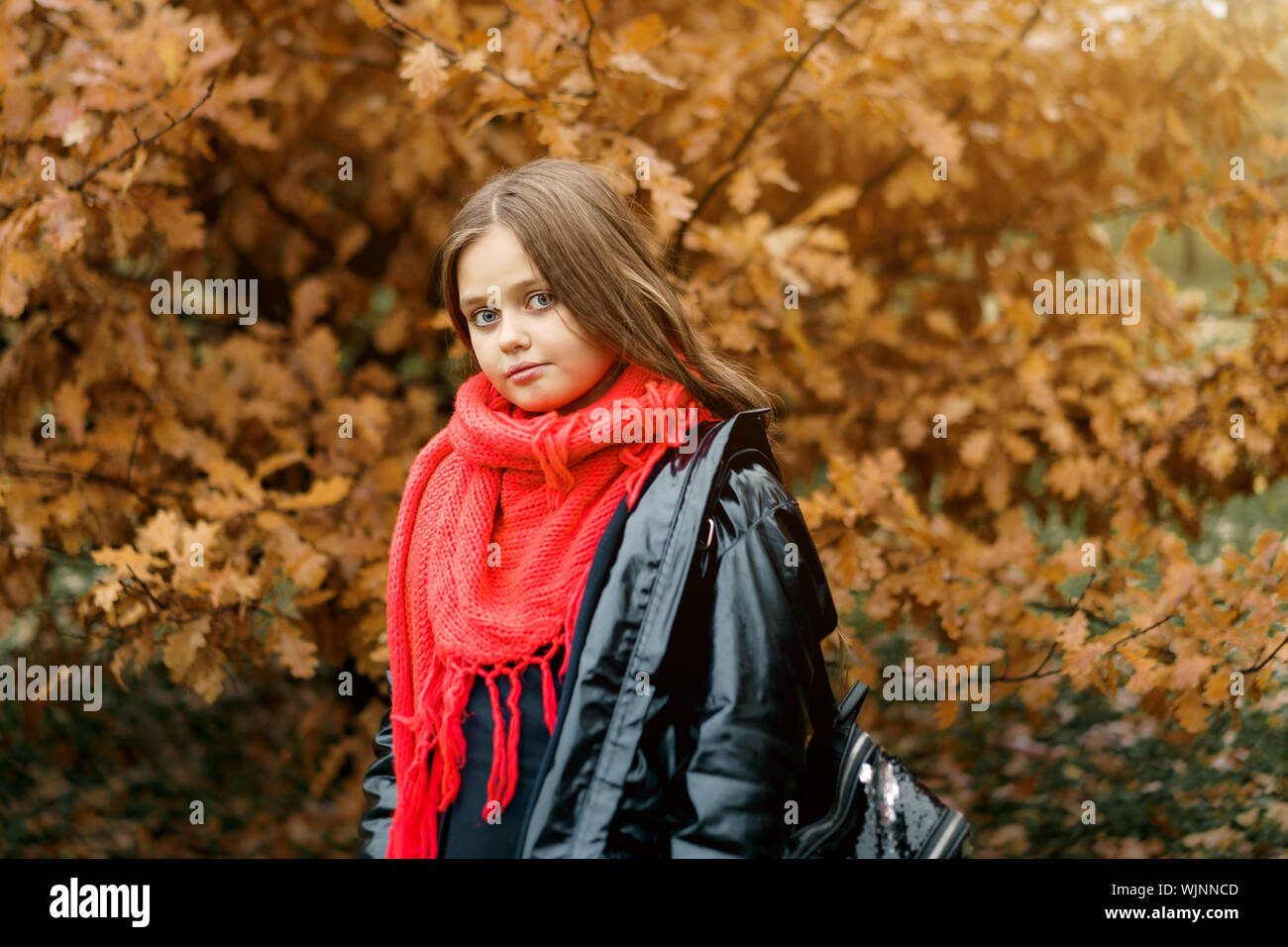 Beautiful long-haired girl of school age wrapped in a bright orange scarf  Stock Photo