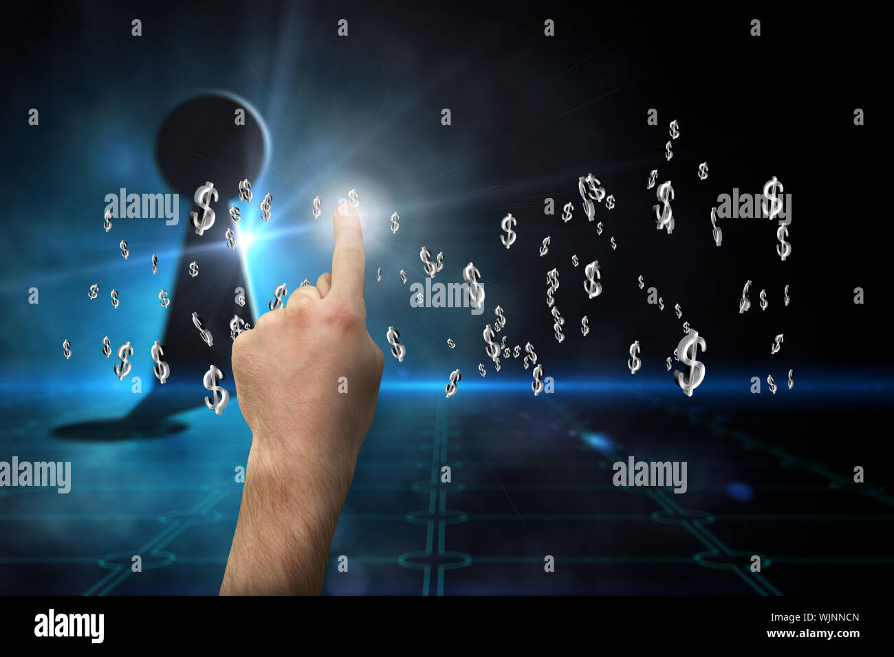 Hand pointing against keyhole on technological black background Stock Photo