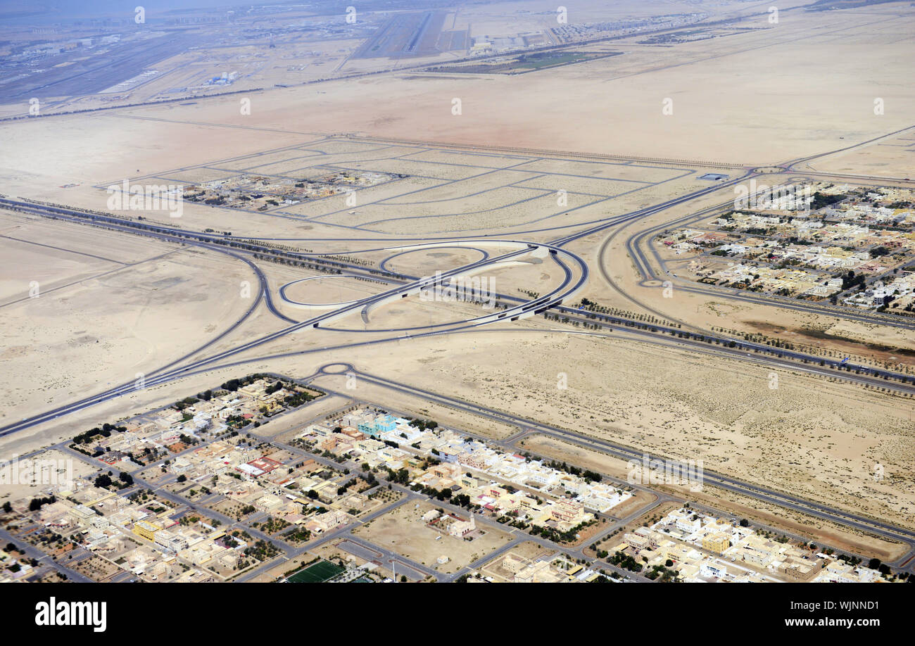 Aerial view of a highway intersection in the UAE. Stock Photo