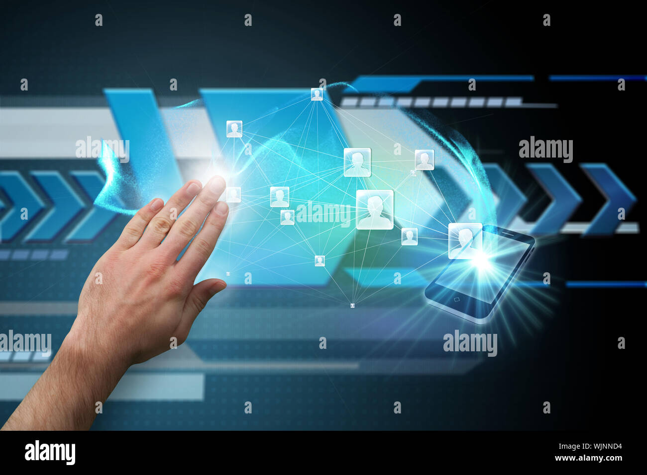 Hand presenting against arrows on technical background Stock Photo