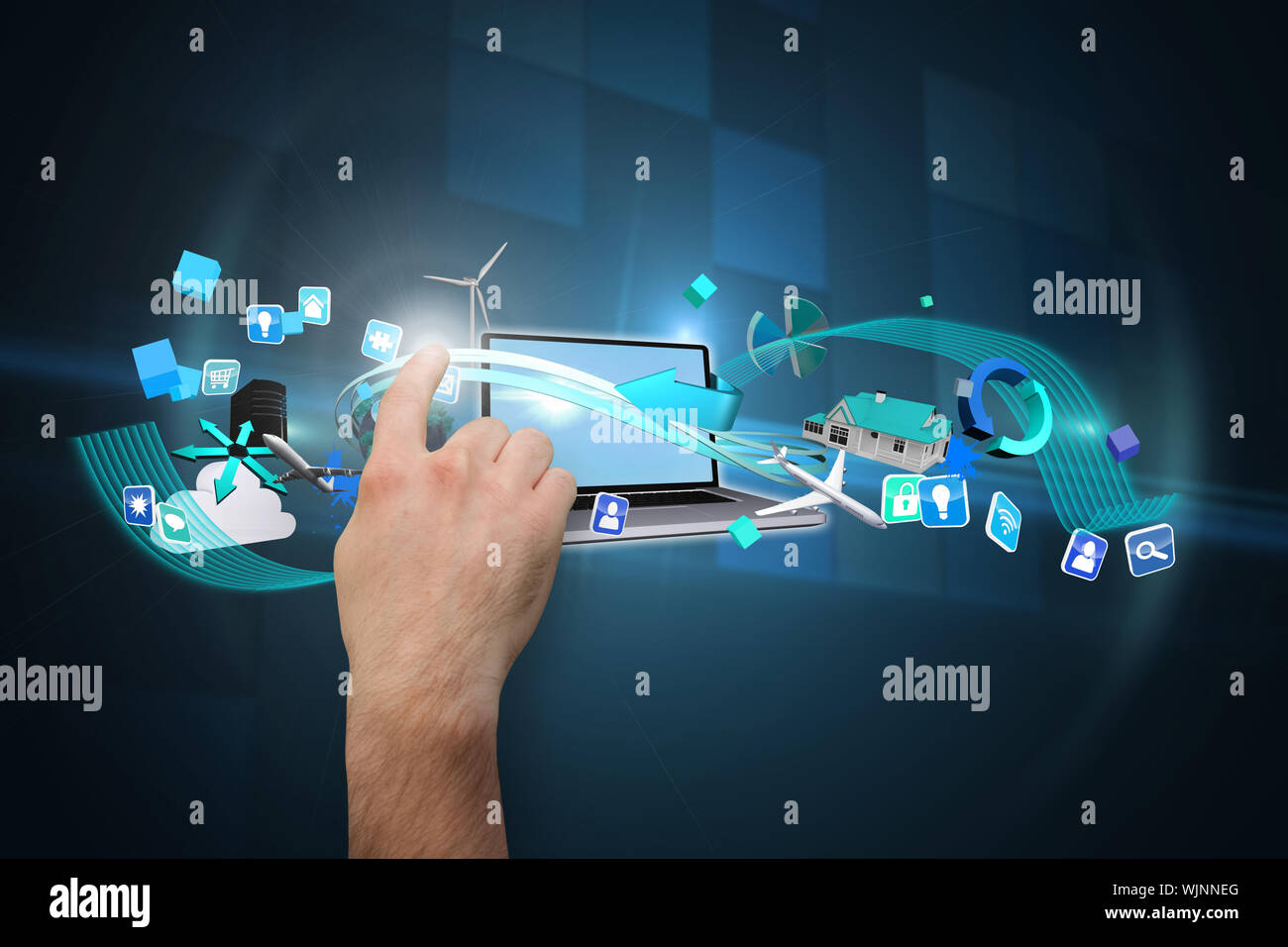 Hand pointing against technical background with squars Stock Photo