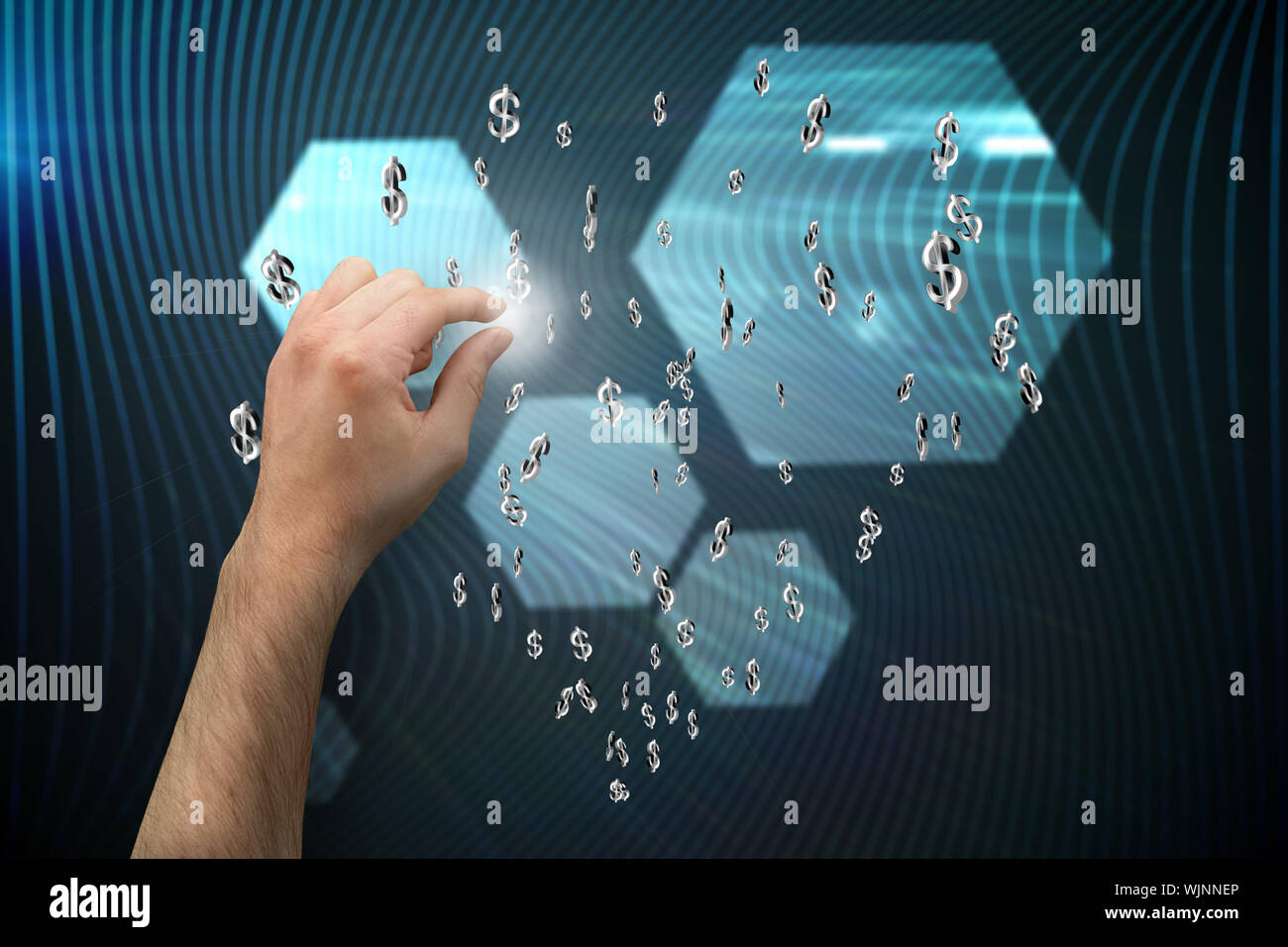 Hand presenting against shiny hexagons on black background Stock Photo