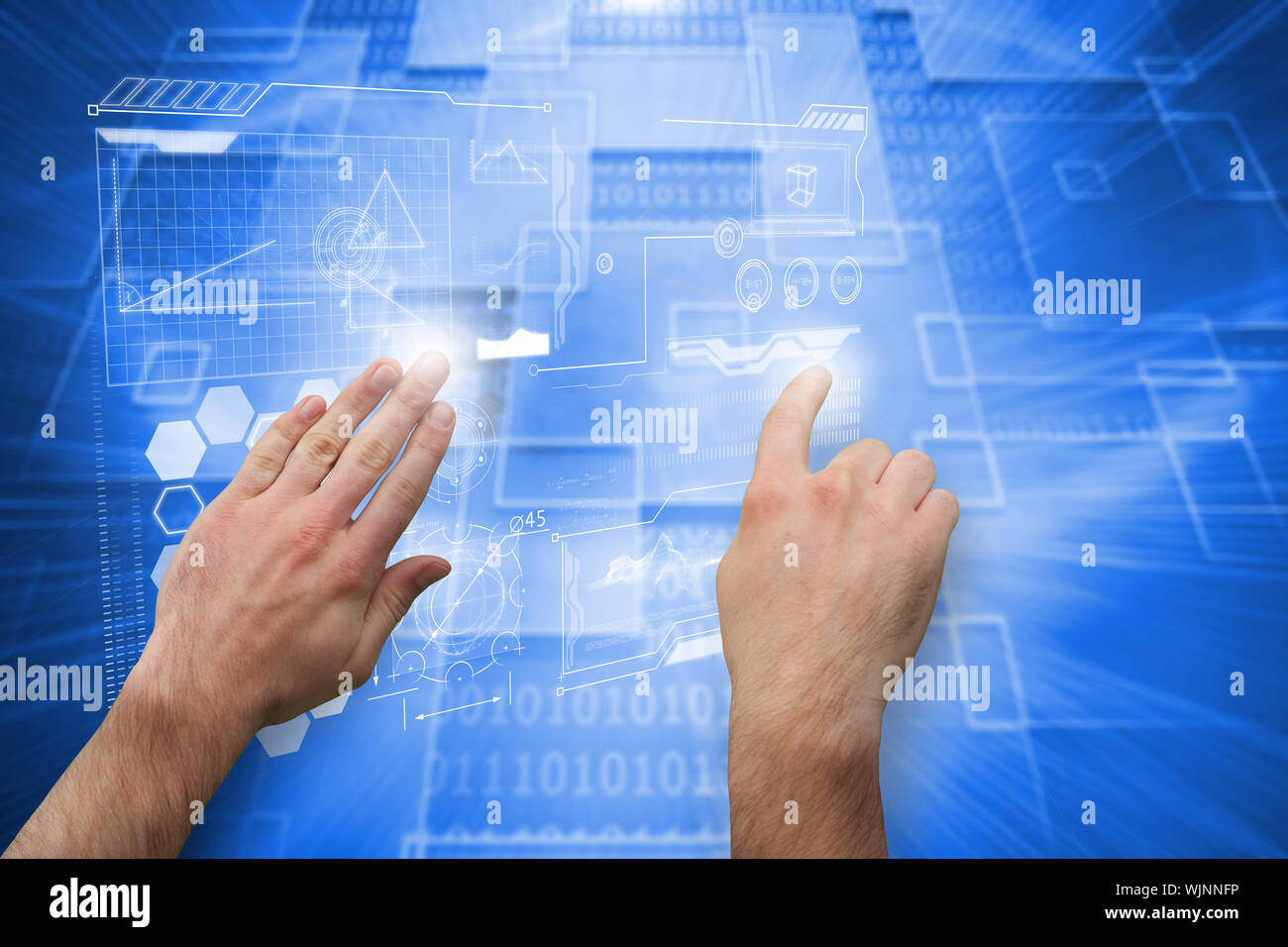 Hands pointing and presenting against shiny background with squares Stock Photo