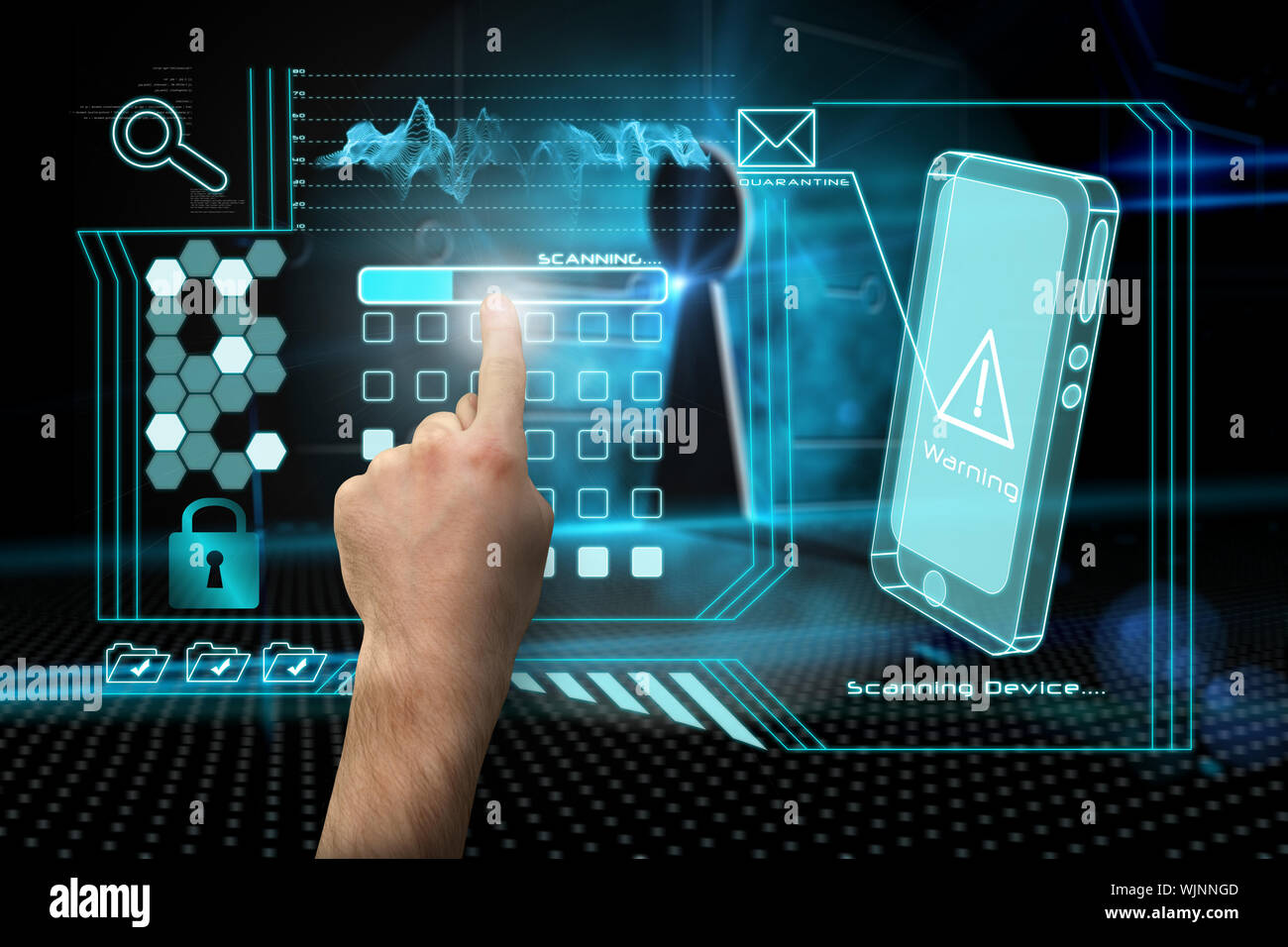 Hand pointing against keyhole on technological background Stock Photo