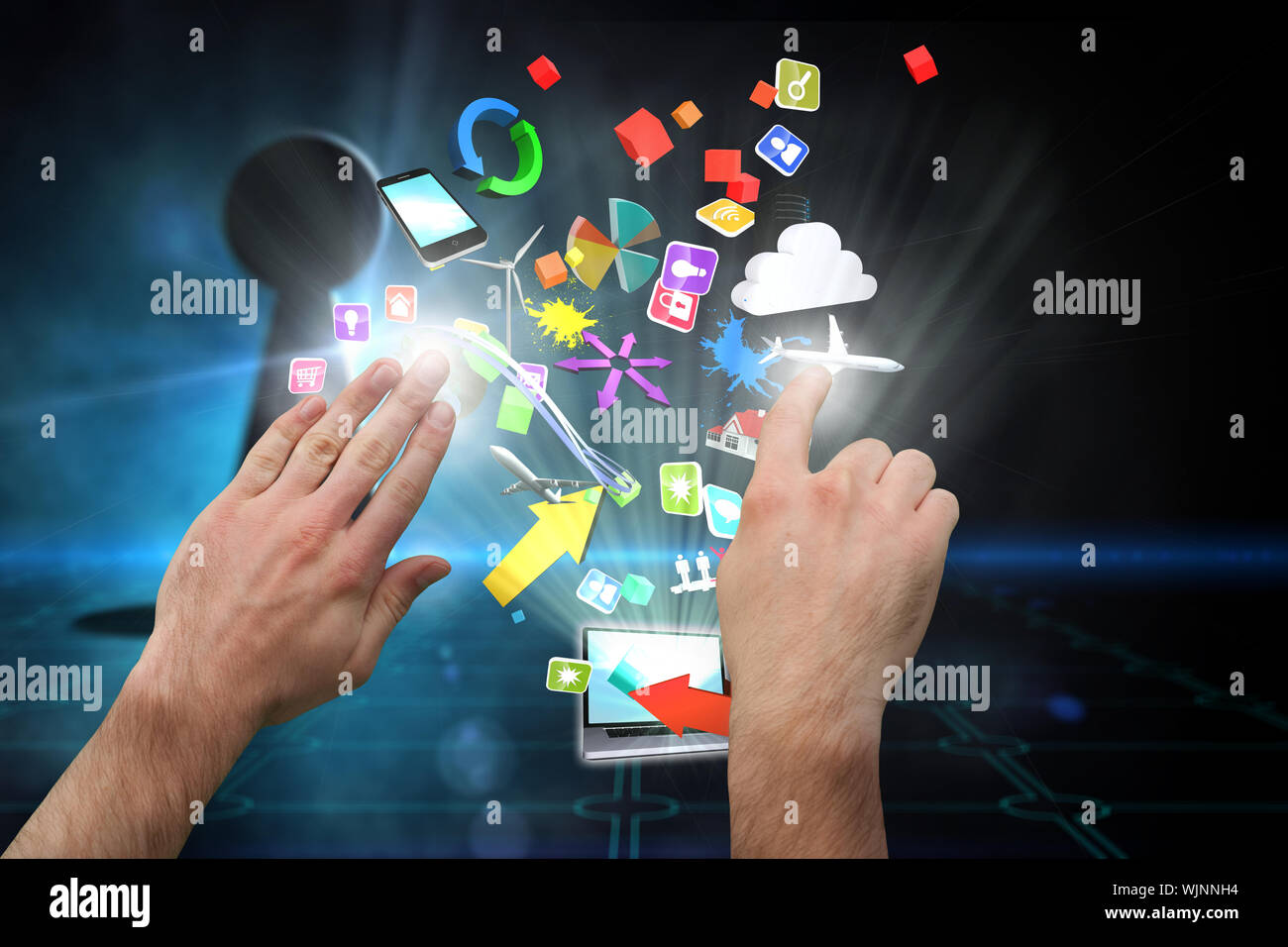Hands pointing and presenting against keyhole on technological black background Stock Photo