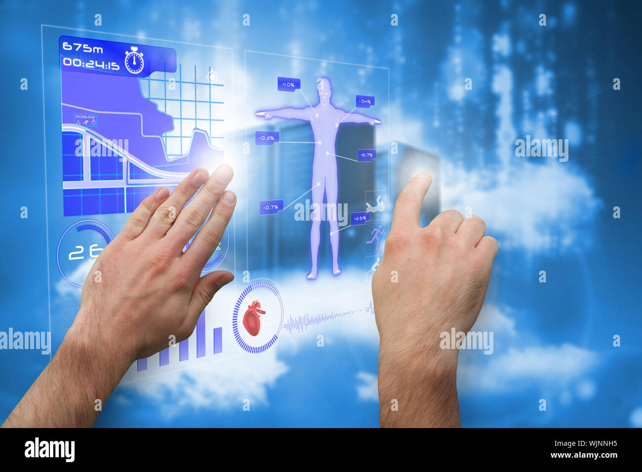 Hands pointing and presenting against cityscape on cloud Stock Photo