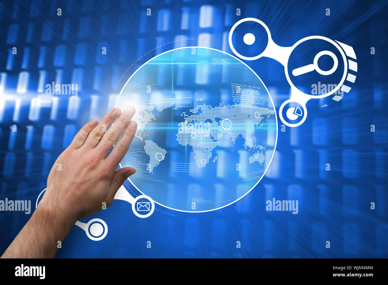 Hand presenting against glowing squares on blue background Stock Photo