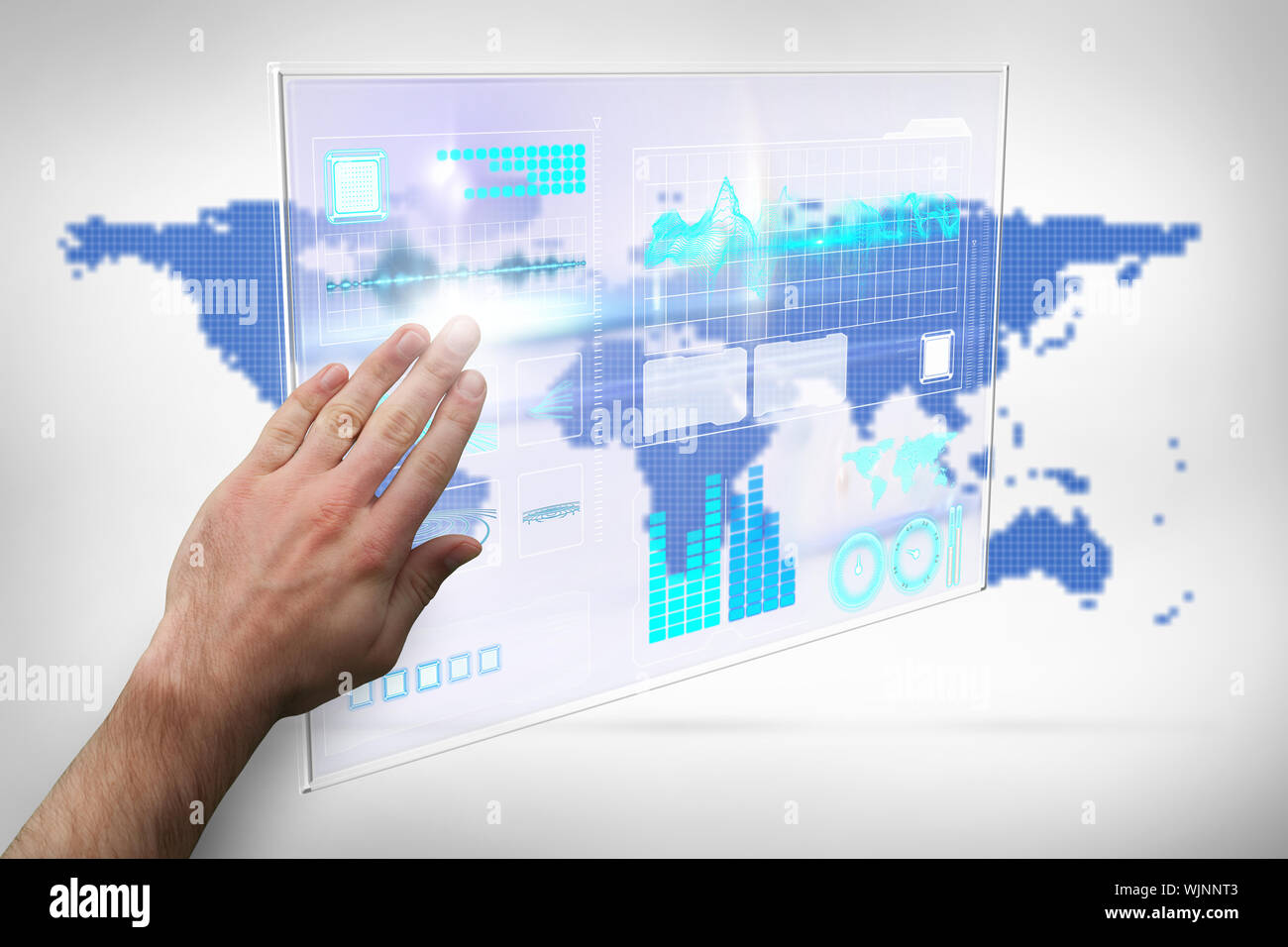 Hand presenting against blue world map on white background Stock Photo