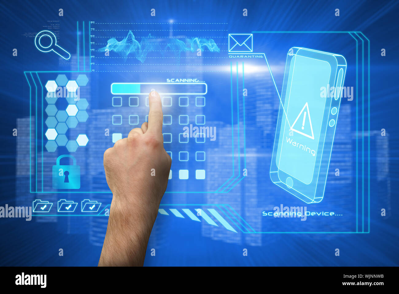 Hand pointing against futuristic shiny cityscape Stock Photo