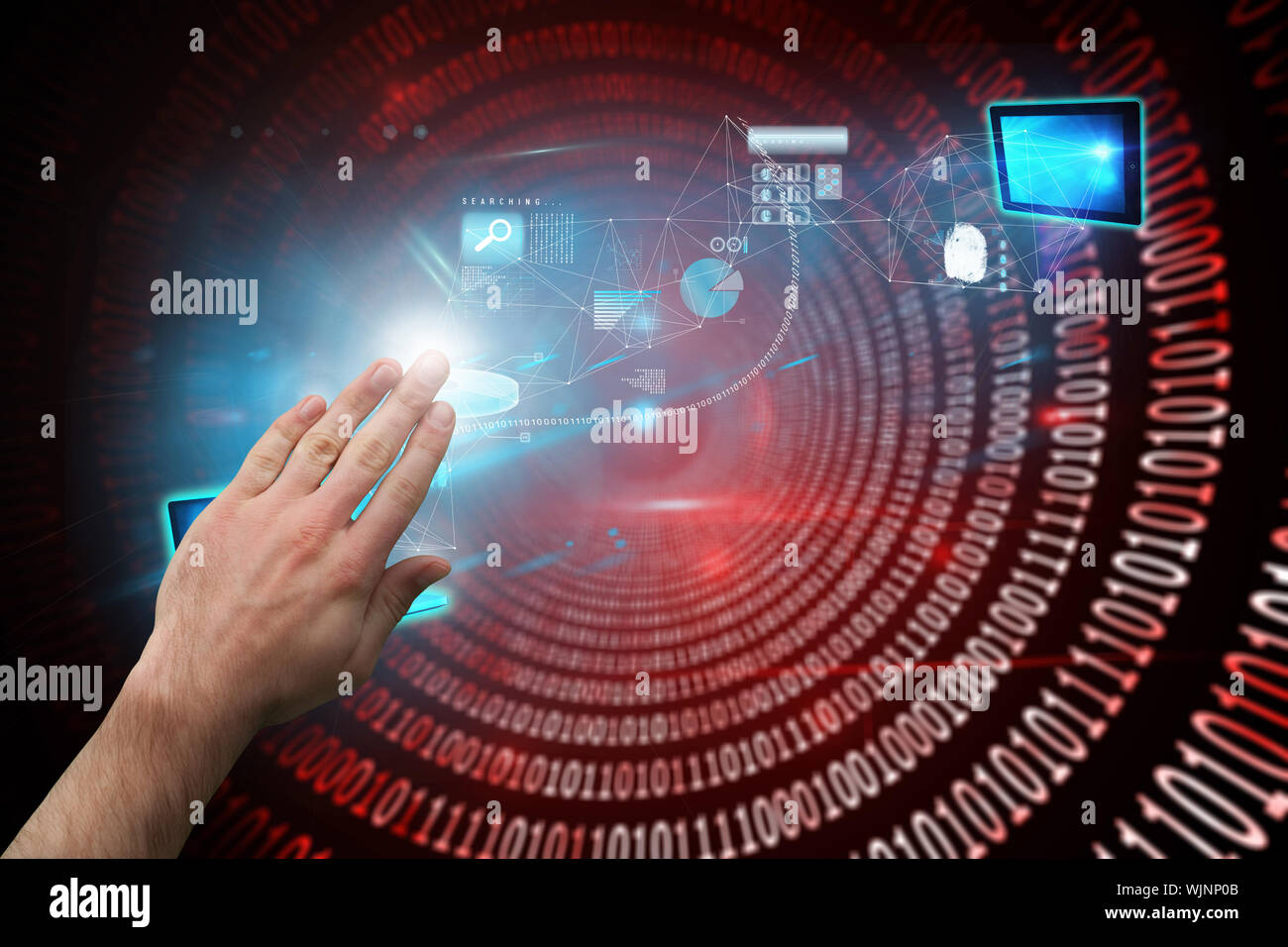 Hand presenting against shiny red binary code on black background Stock Photo