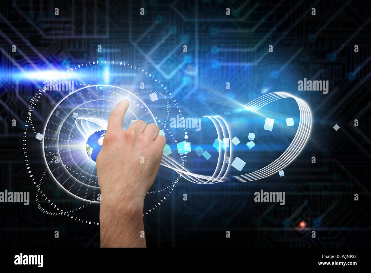 Hand pointing against futuristic black and blue background Stock Photo ...