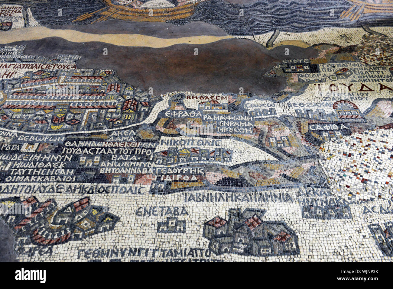 The Madaba map mosaic in St George church in Madaba, Jordan. Stock Photo