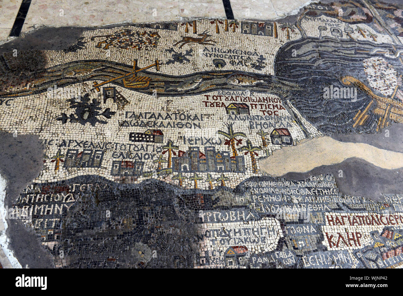 The Madaba map mosaic in St George church in Madaba, Jordan. Stock Photo