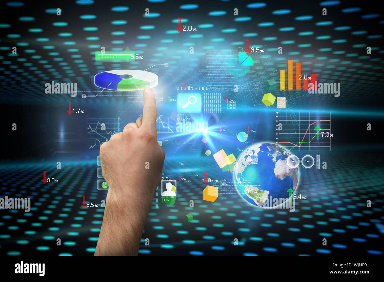 Hand pointing against keyhole on technological glowing background Stock Photo