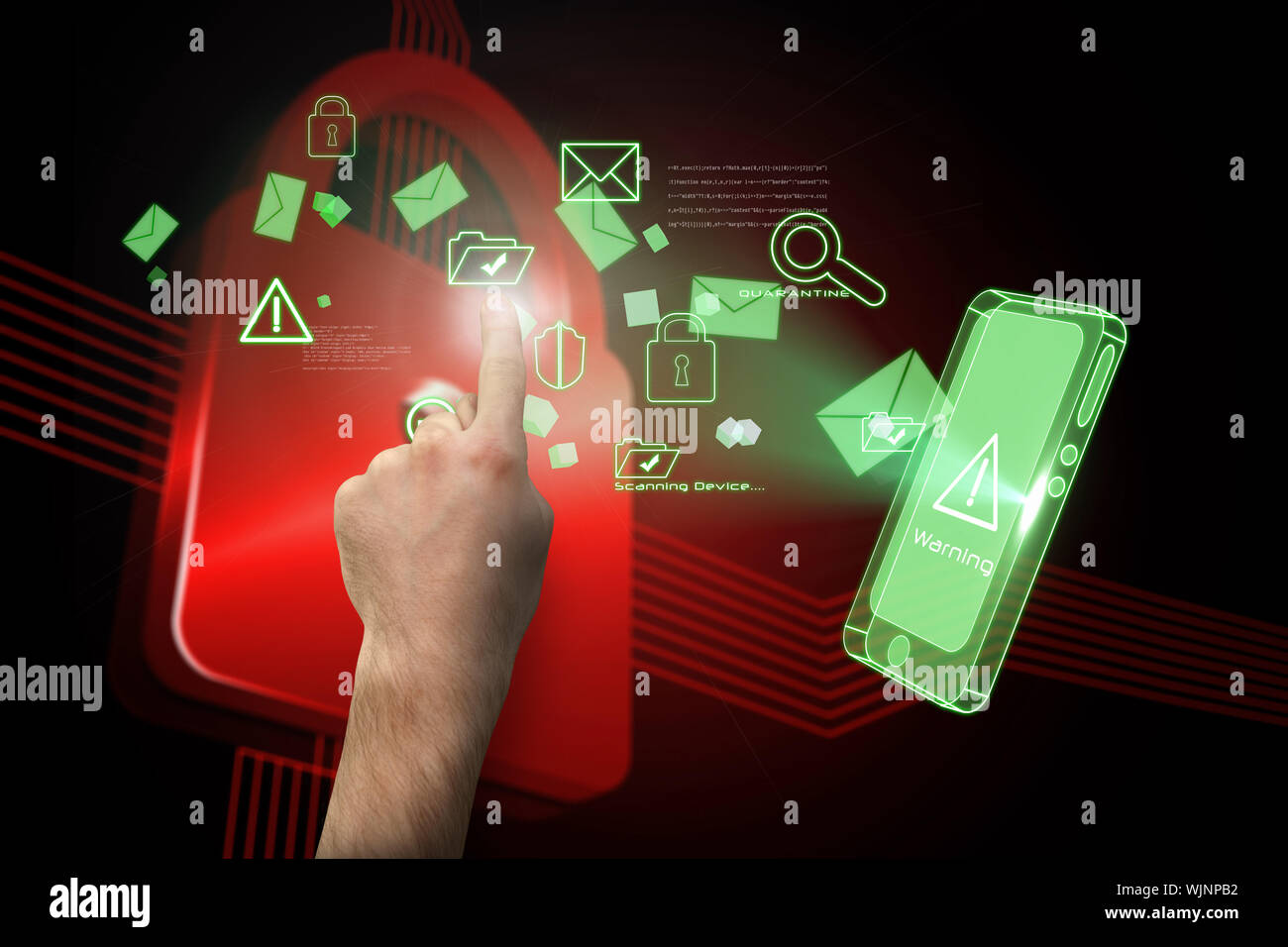 Hand pointing against shiny red lock on black background Stock Photo