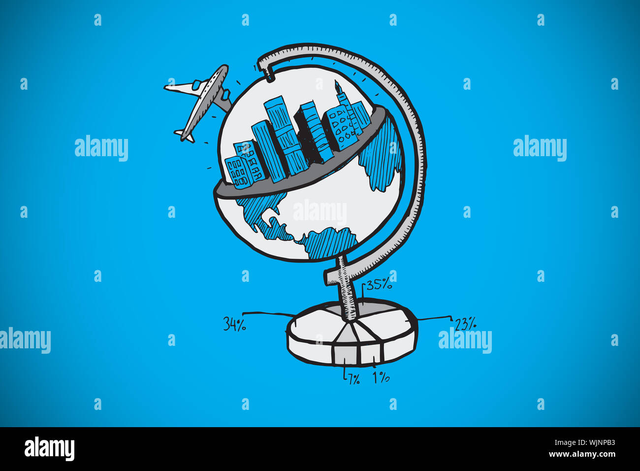 Travel and tourism doodle against blue background with Stock