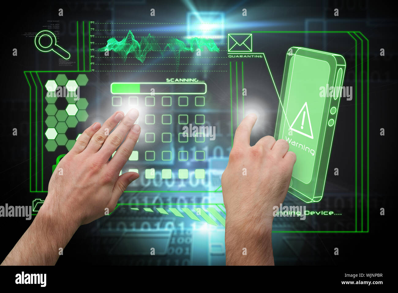 Hands pointing and presenting against shiny futuristic technological background Stock Photo