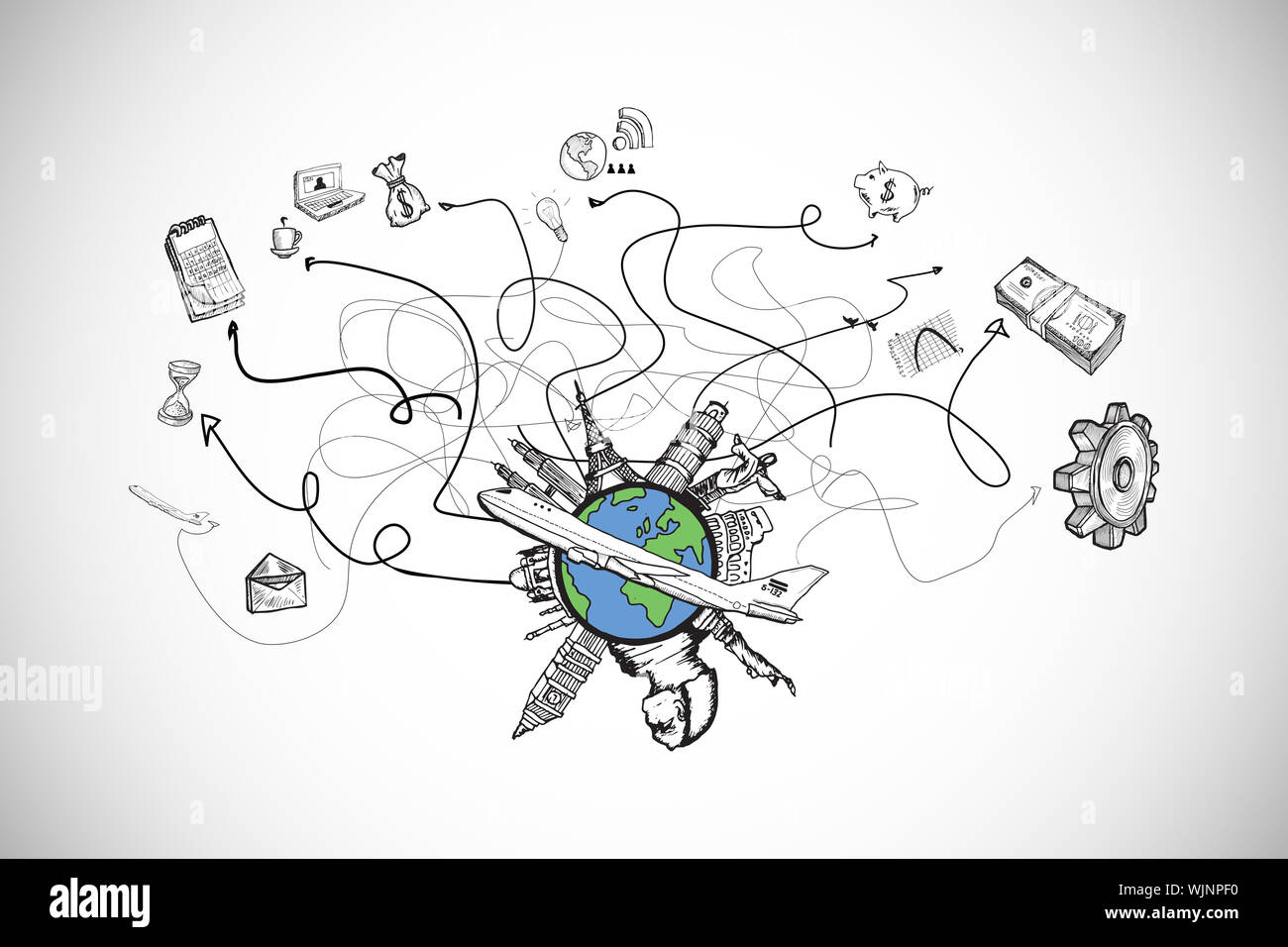 Business and global travel doodles against white background with