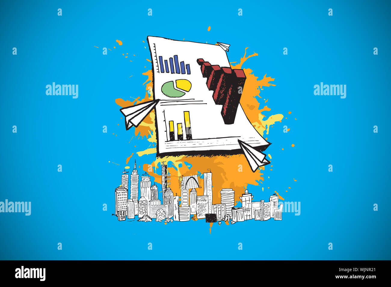 Vignette Graph Graph and data on paint splashes against blue background with vignette ...