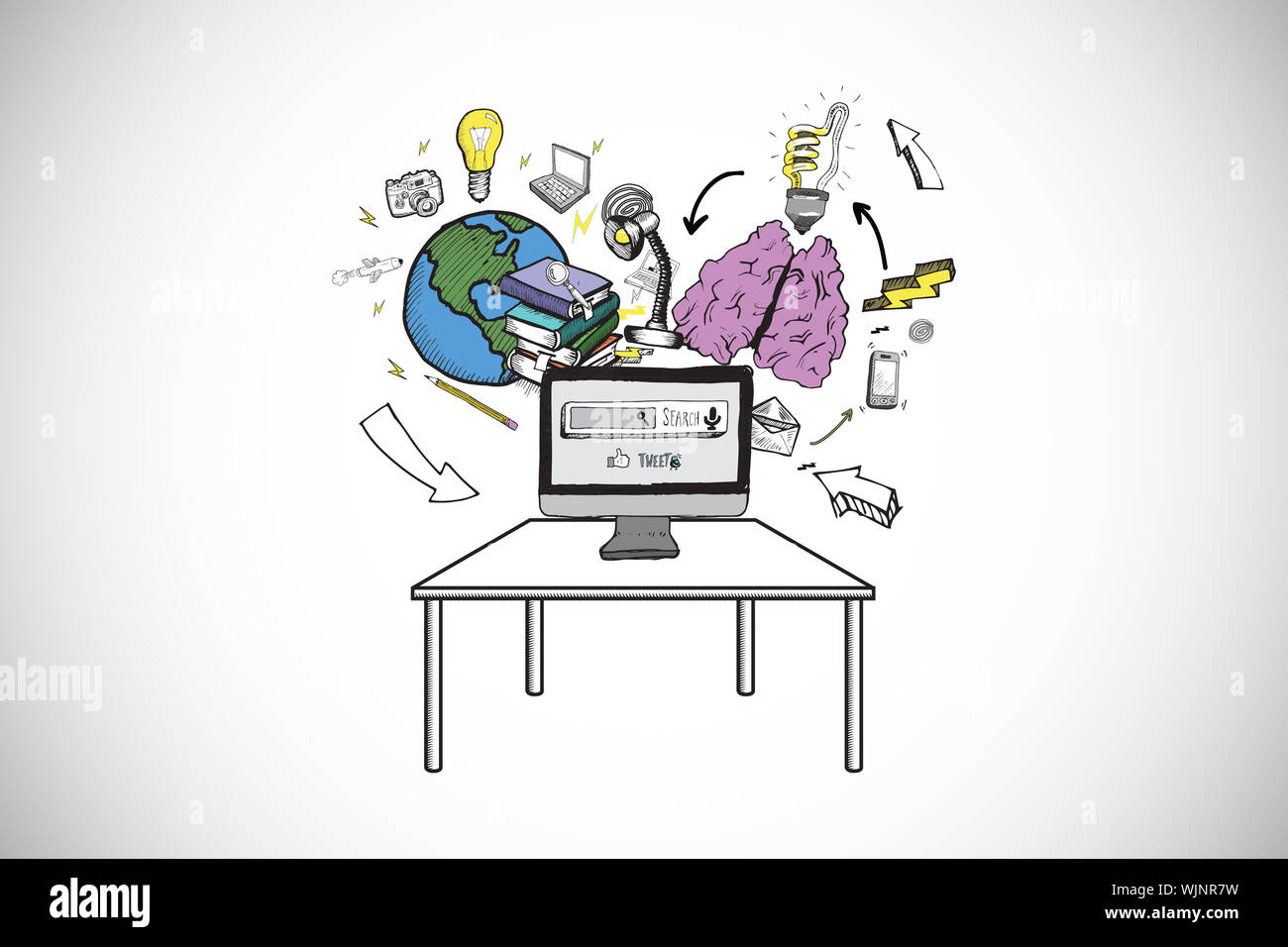 Computer with brainstorm doodles against white background with