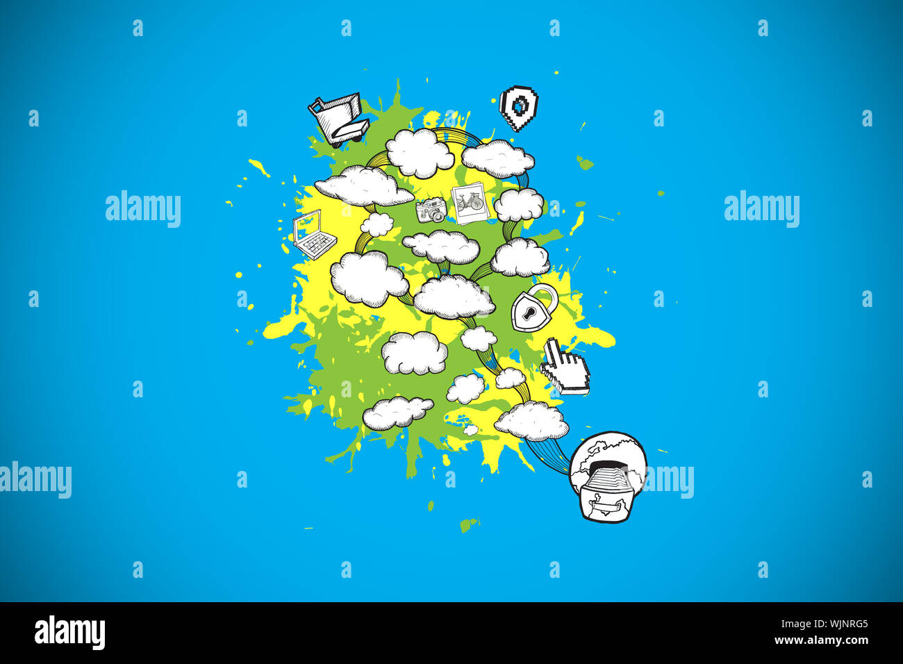 Cloud computing concept on paint splashes against blue background with ...
