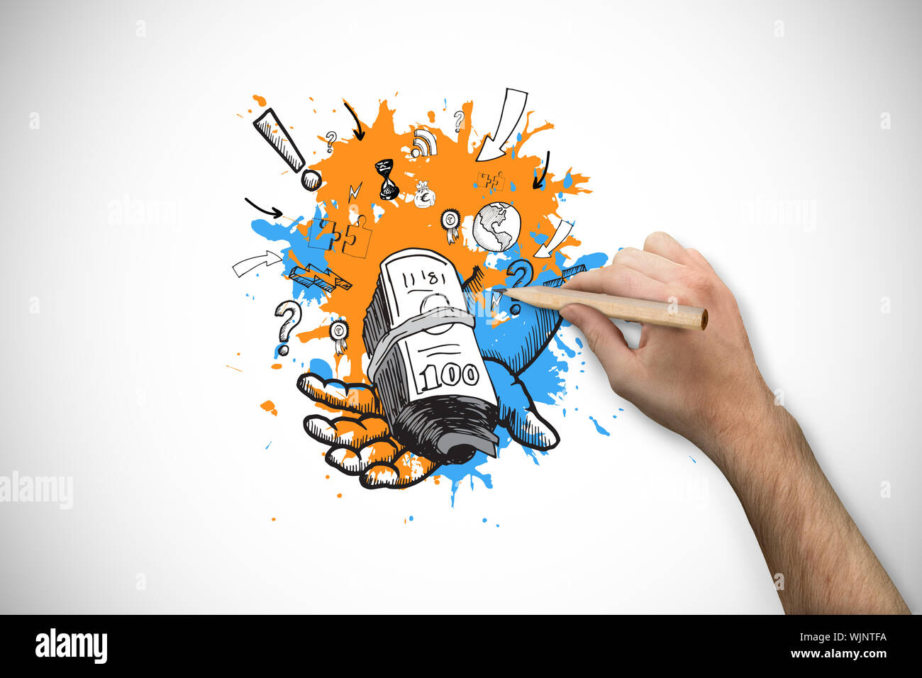 Hand holding a pencil against white background with vignette Stock Photo