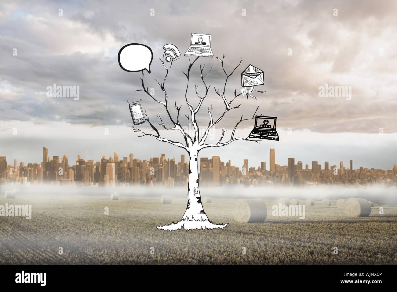 Application tree doodle against large city on the horizon Stock Photo ...