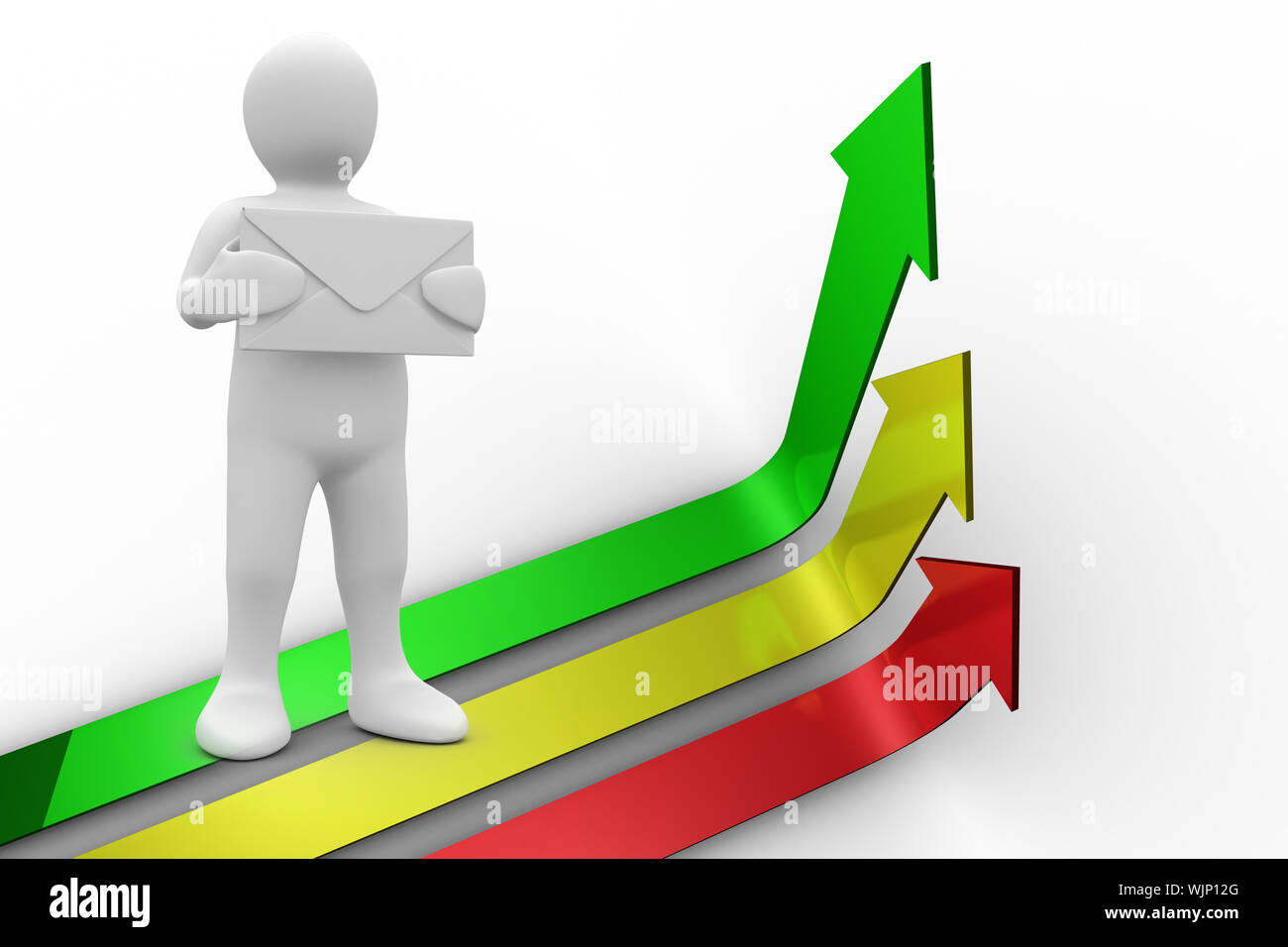 White character holding message against colourful arrows pointing up ...