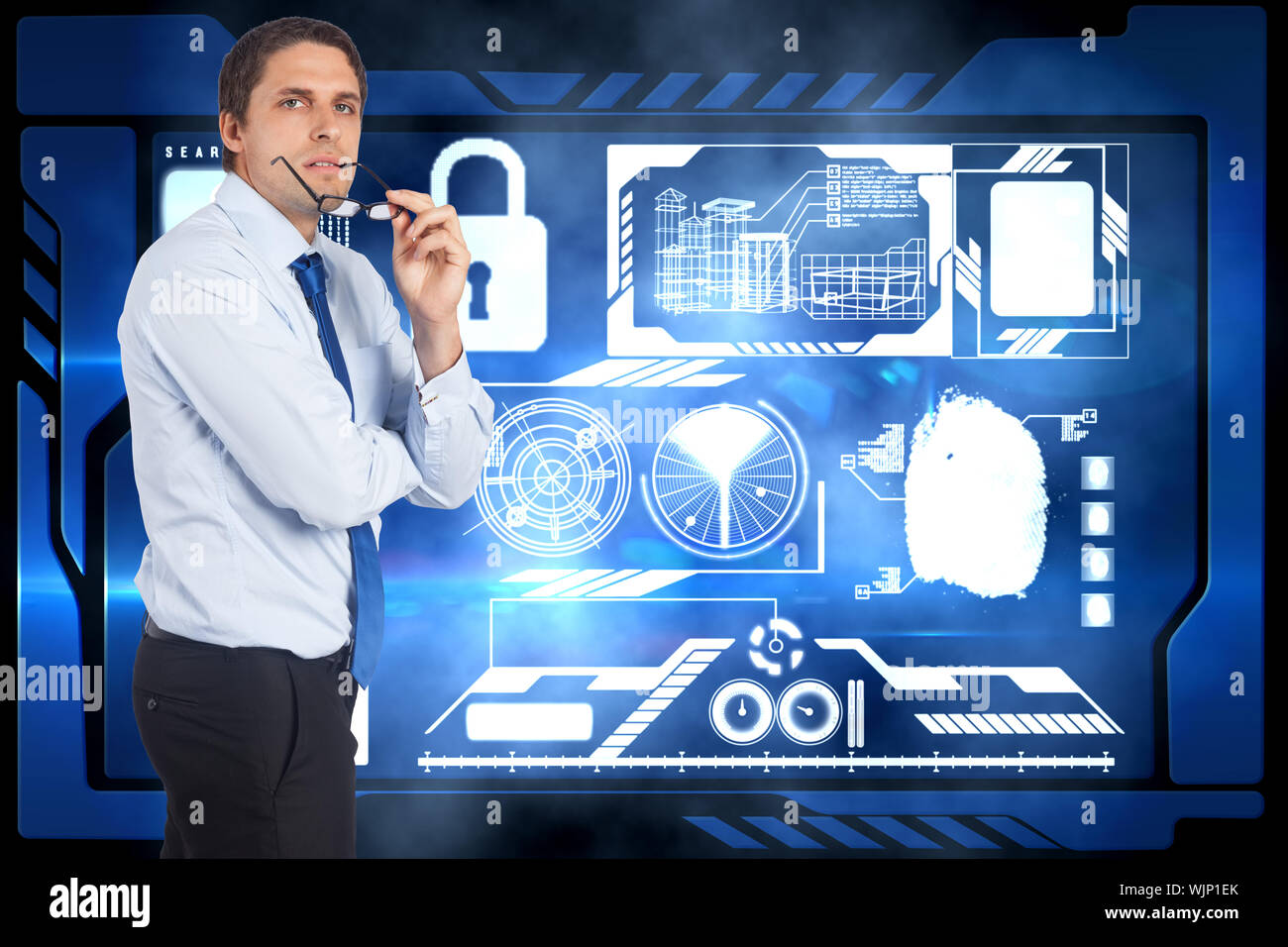 Thinking businessman biting glasses against security interface Stock Photo