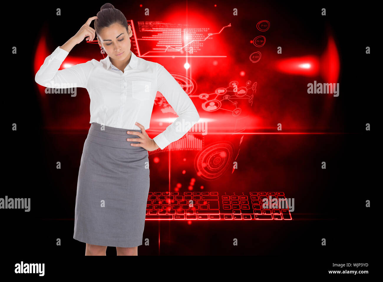 Focused businesswoman against futuristic technology interface Stock Photo