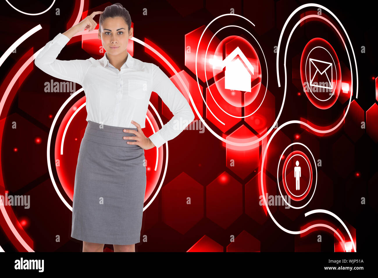 Focused businesswoman against futuristic technology interface Stock Photo