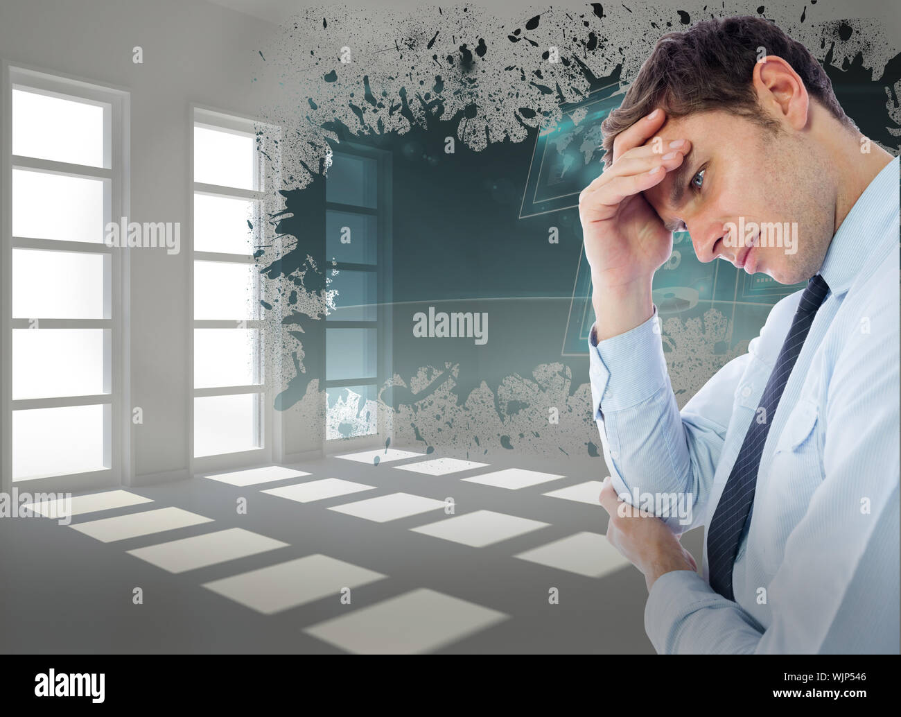 Businessman with a headache against splash showing technology interface