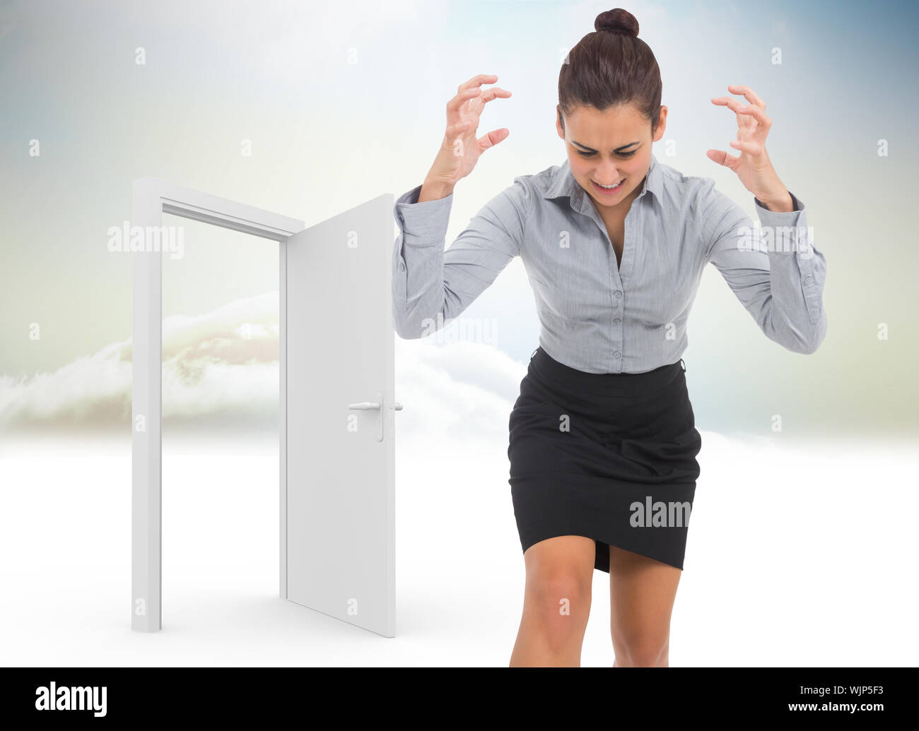 Furious Businesswoman Gesturing Against Open Door In Sky Stock